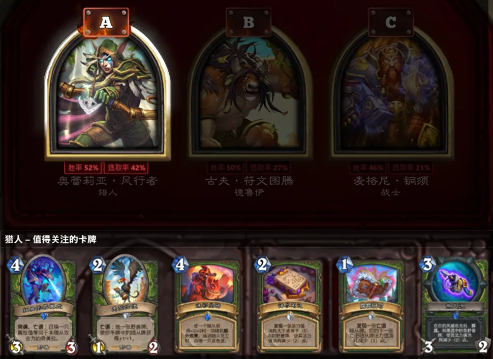 炉石传说的截图,其中的 Arenasmith 内嵌叠加层显示了竞技模式的英雄选择,附带一个值得关注的职业卡牌清单的内嵌叠加层。